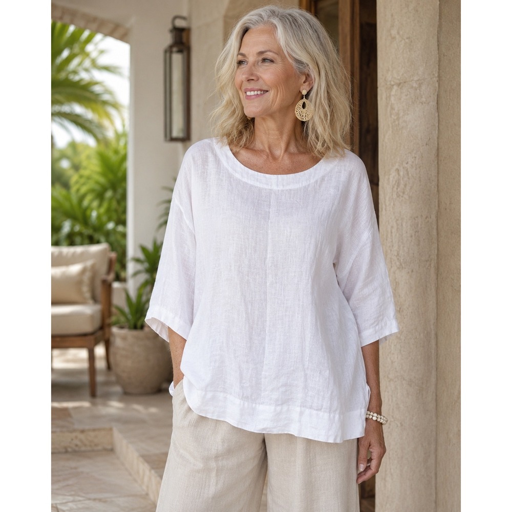 Charter Club Luxury White 100% Linen Top Relaxed 3/4 Sleeve Blouse Large